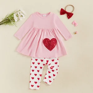 Ensemble Glitter Heart Print Dress and Cozy Pants- 3 Piece Outfit Set