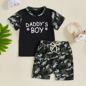 Camo Print Tee and Elastic Waist Shorts Set